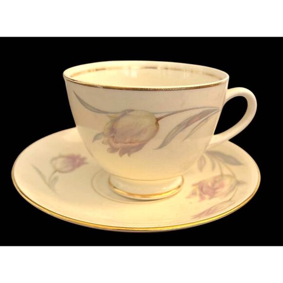 Homer Laughlin Eggshell Nautilus Tulip Footed Cup and Saucer Set Floral Pink EUC - Picture 1 of 4